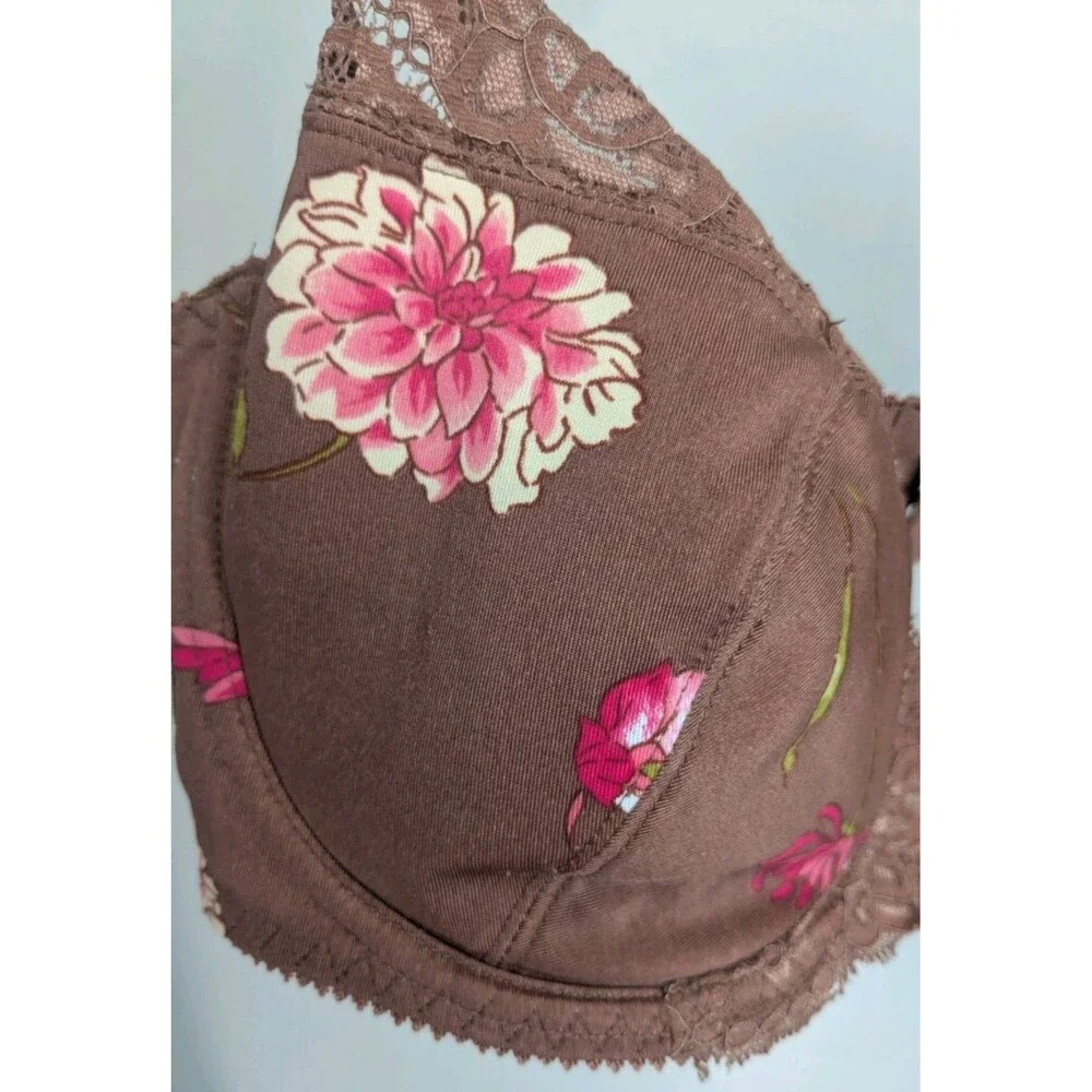 Y2K Sophie B Bra Brown Pink Floral Lace Padded Underwire Adjustable Straps 36DD